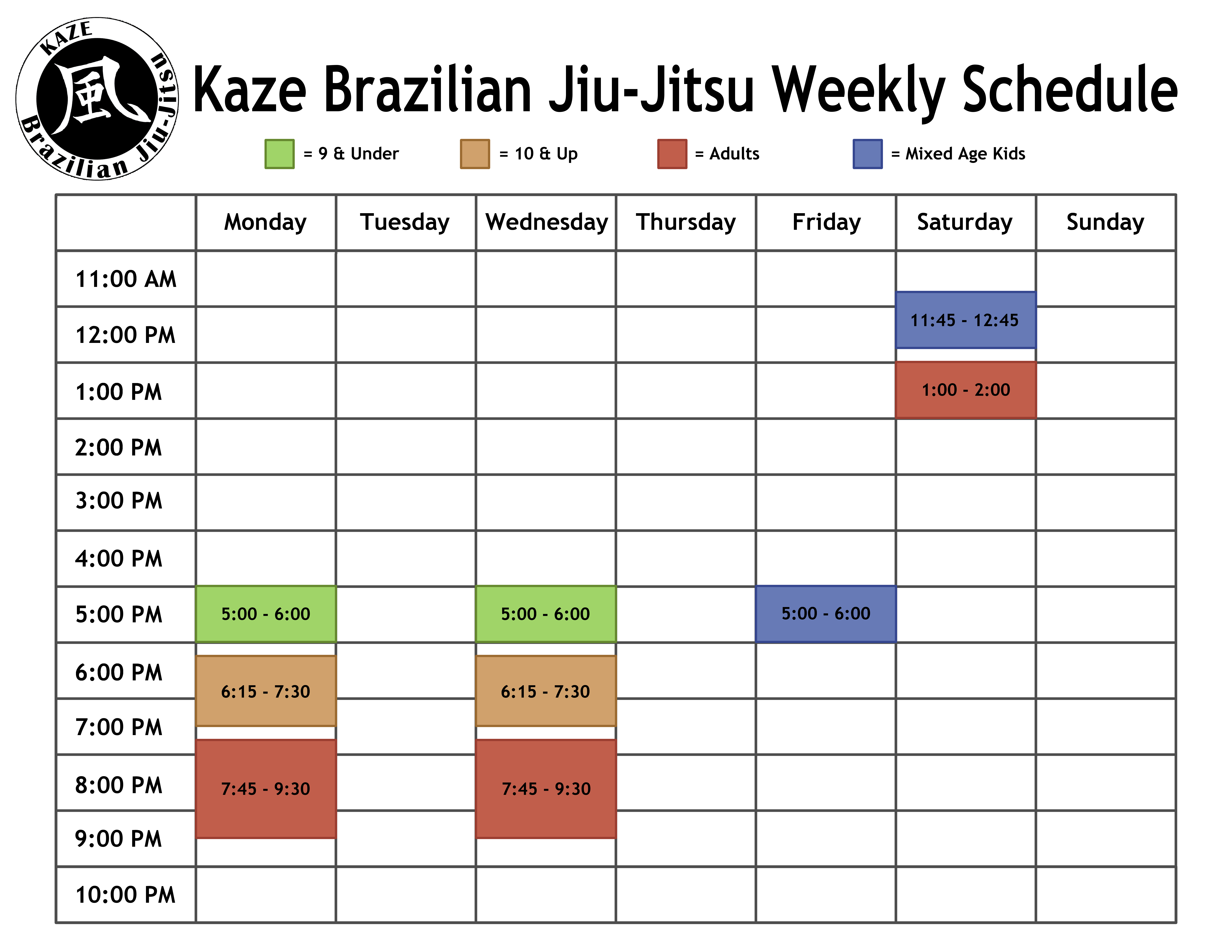 Kaze BJJ Class Schedule